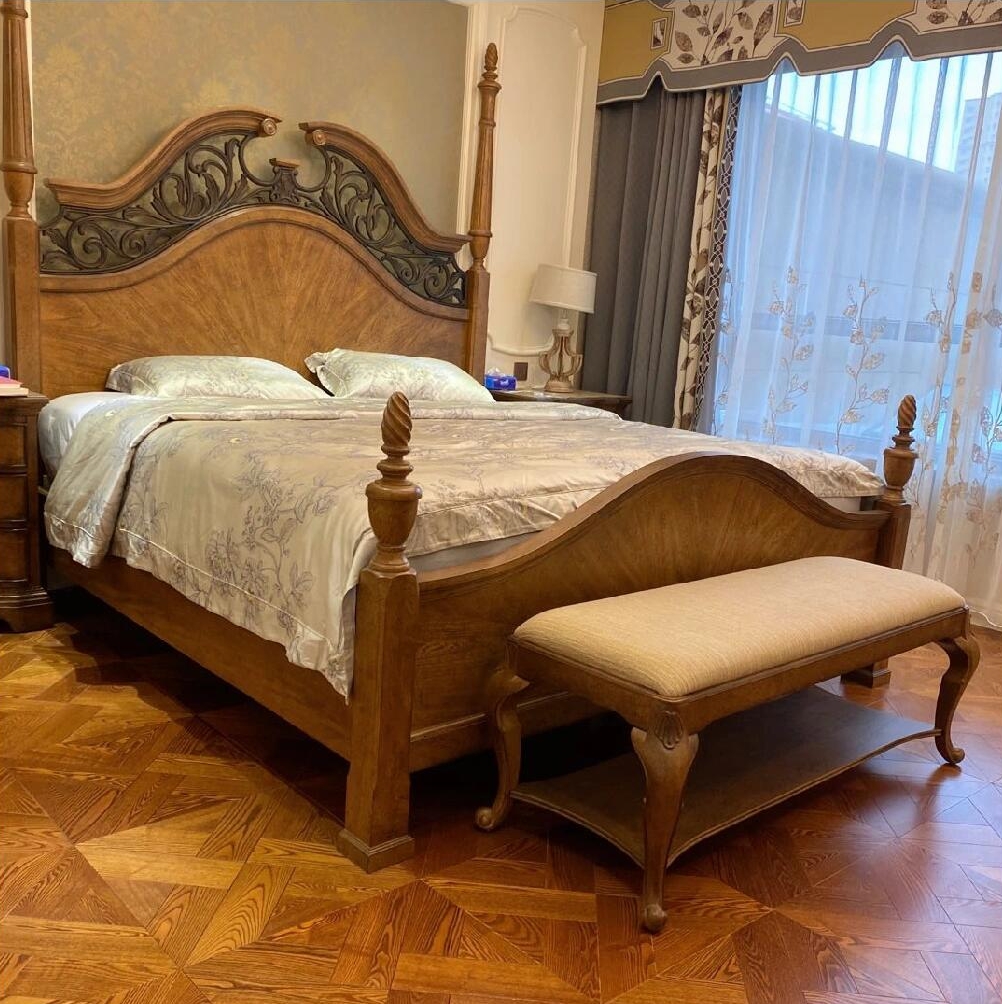 美式art家具西部荣光实木床欧式平板1.8双人床复古镂空雕花柱式床