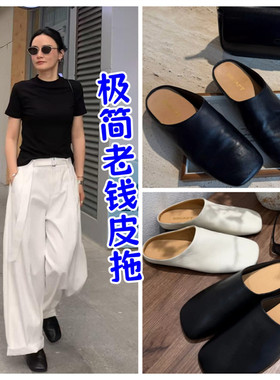 棒球队长全羊皮富婆方头半拖鞋女2026春夏新款休闲透气软底勃肯鞋