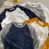 T恤纯棉撞色2025秋季 字母插肩袖 新款 男女童打底衫 T恤 童装 宝宝长袖