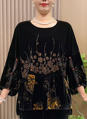 妈妈秋装洋气丝绒烫钻小衫