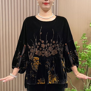 大码 妈妈秋装 中老年女装 2025新款 宽松阔太太烫钻上衣 洋气丝绒小衫