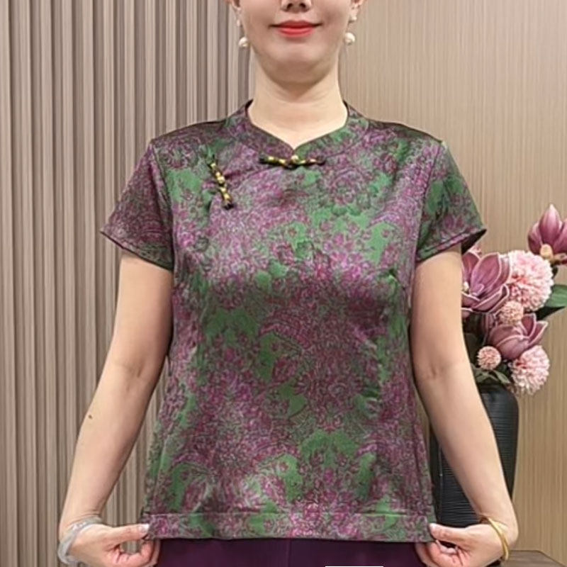 妈妈夏装新中式气质小衫中年女装夏季复古立领斜襟中国风上衣