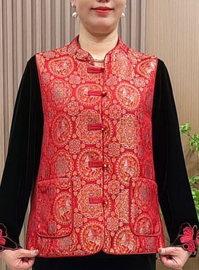妈妈春装国风马夹红色喜庆衣服