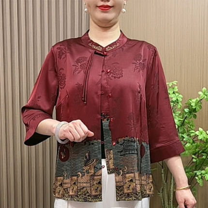 妈妈装春夏装新中式小衫中老年女装国风定位花七分袖开衫上衣