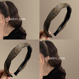 秋冬毛呢拼色格纹麻花发箍洋气外戴高颅顶头箍洗脸 艺术画染