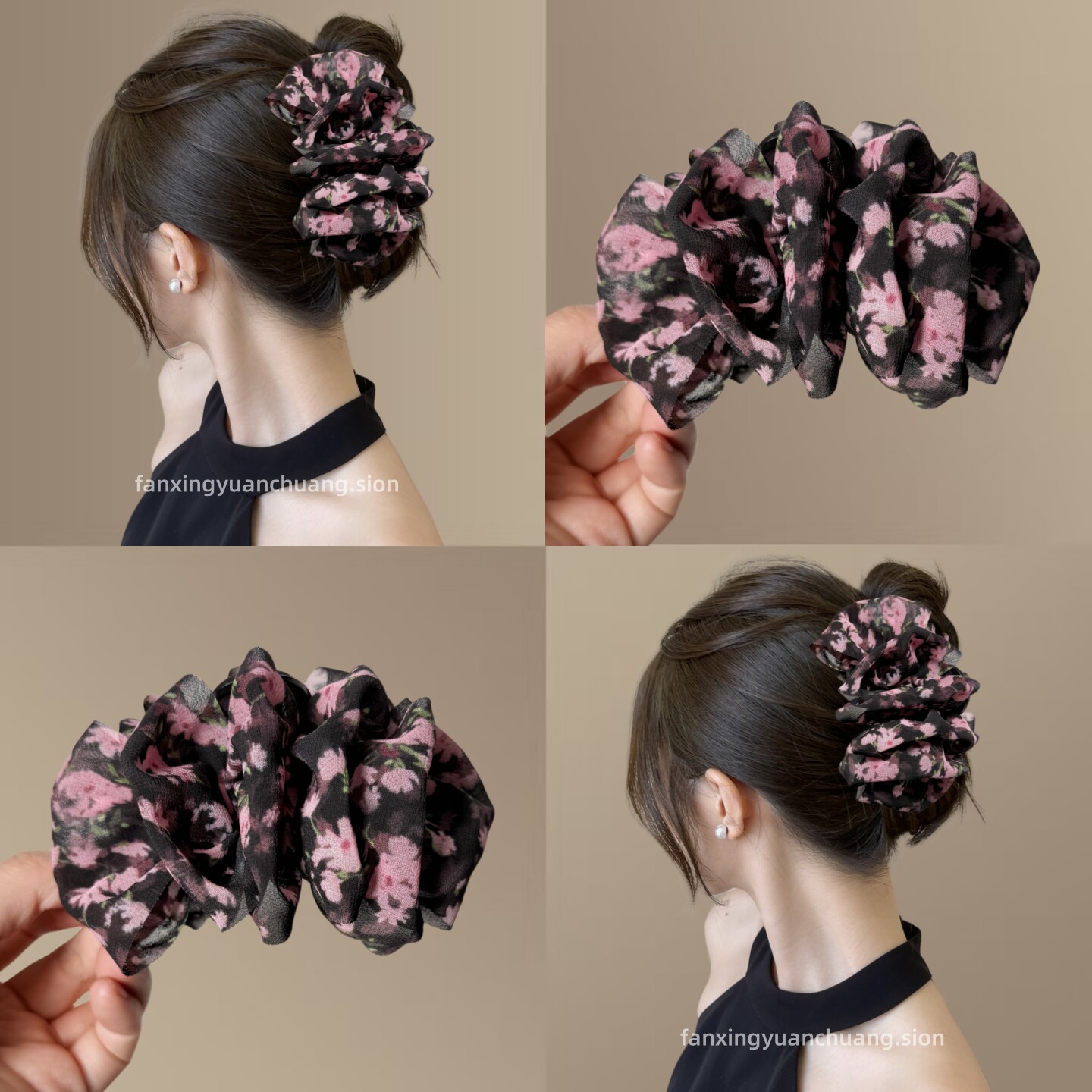 云朵泡泡袖碎花雪纺蝴蝶结大号发量多抓夹女后脑勺盘发鲨鱼夹发夹