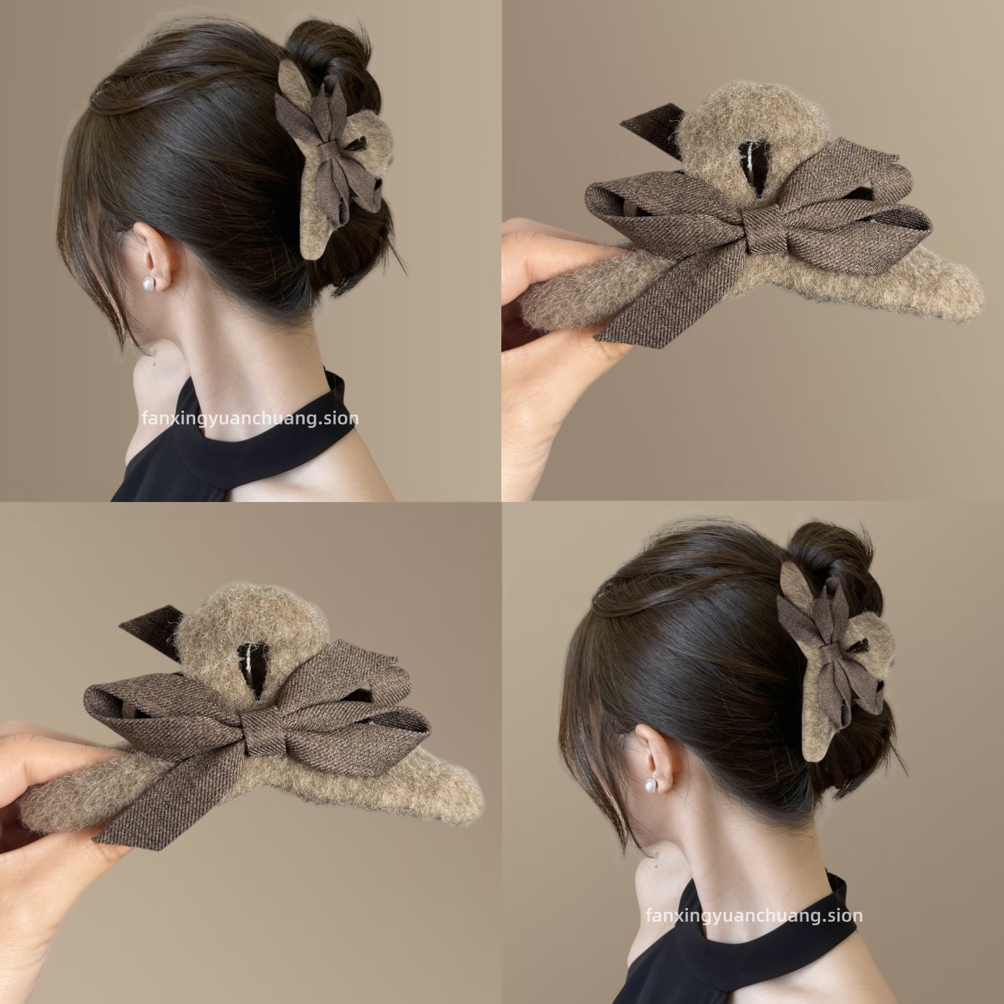 秋冬蝴蝶结羊毛绒发抓夹女