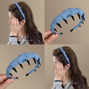 复古长齿箍新款缠绕牛仔蓝发箍甜酷氛围感发箍防滑百搭高颅顶发箍