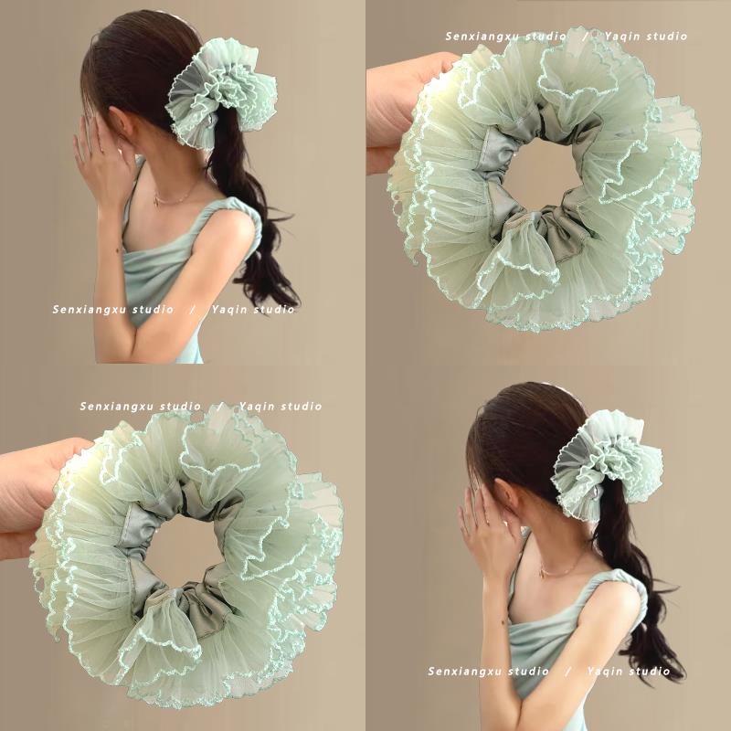 绿意盎然~网纱花边大肠圈发绳纯欲氛围感蕾丝发圈头绳旅行发卡