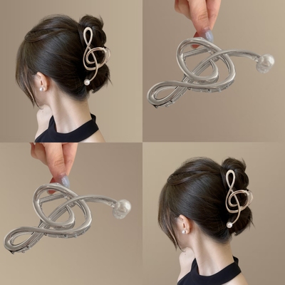 小众设计珍珠后鲨鱼夹脑勺发夹高端银色金属高级感大号发量多抓夹