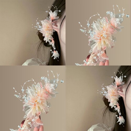 纯欲花雾~渐变薄纱花朵发夹珍珠流苏头饰古风簪花气质旅行发卡