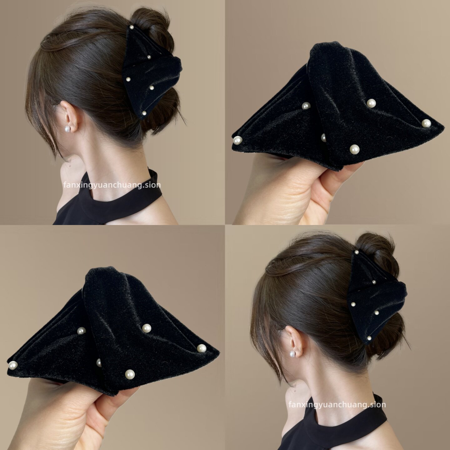 【云水谣】赫本风丝绒钉珍珠三角抓夹气质鲨鱼夹秋冬发夹旅行发卡,户外/登山/野营/旅行用品,旅行发卡,淘宝优惠券,粉丝福利购,淘宝优惠卷