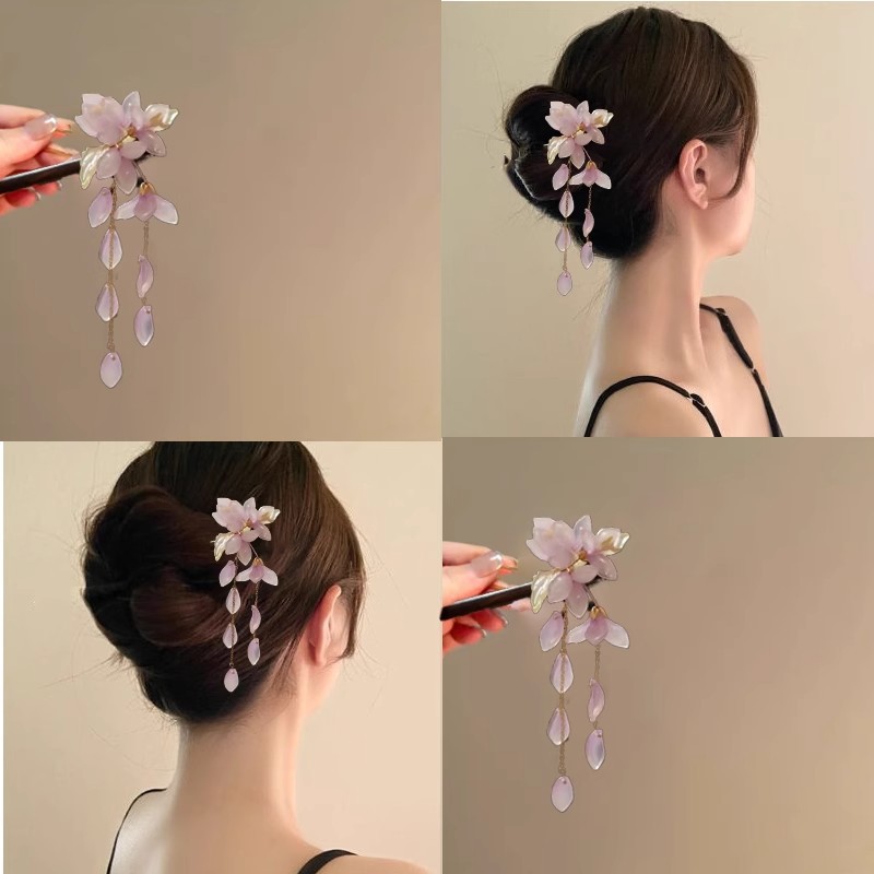 新中式海棠花发簪国风旗袍超仙簪子女高级流苏步摇木簪盘发发饰品