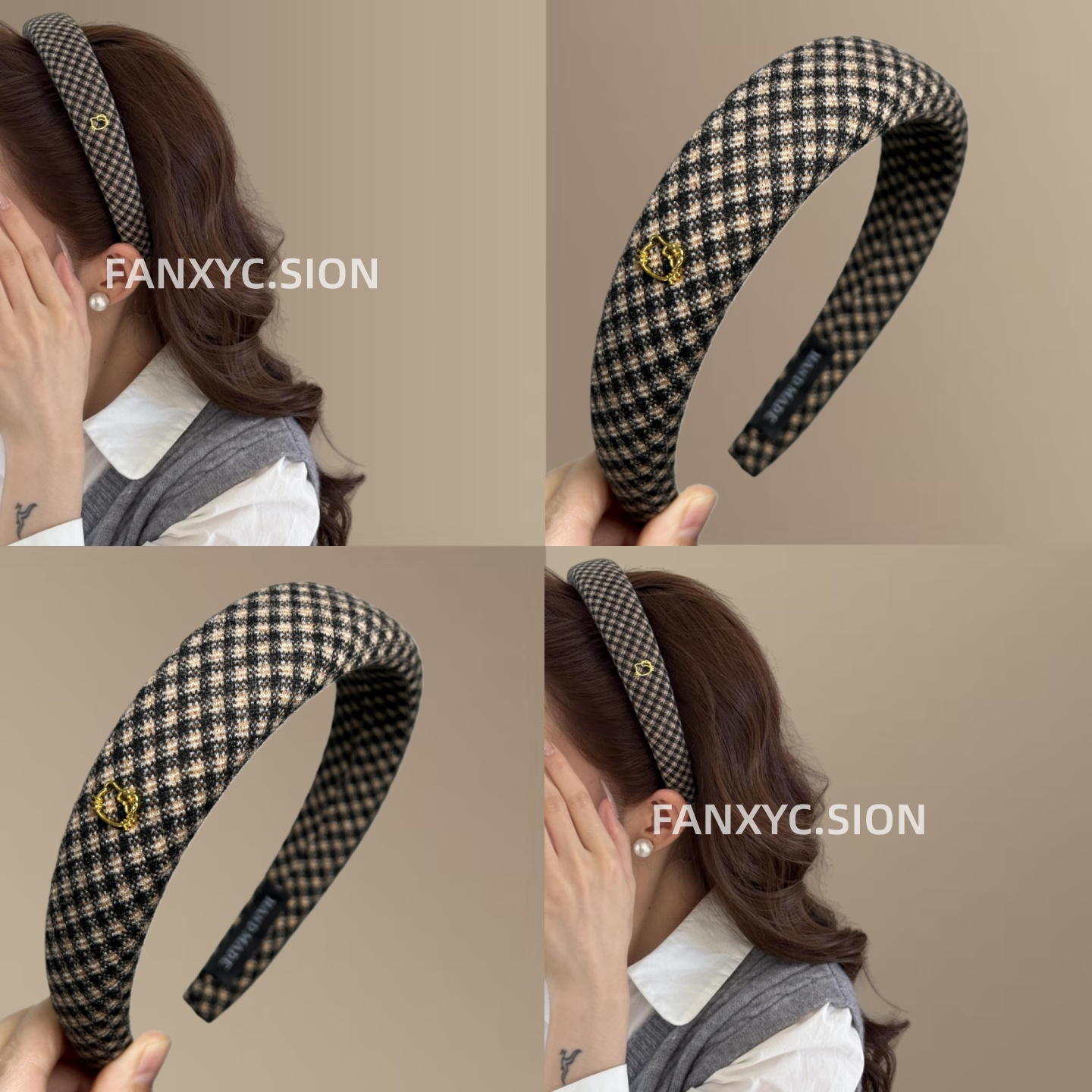 韩女学院风新款猫咪格纹头箍