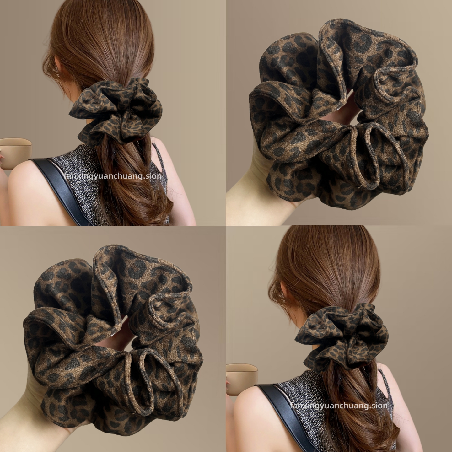 韩版复古麂皮绒豹纹双层大肠发圈