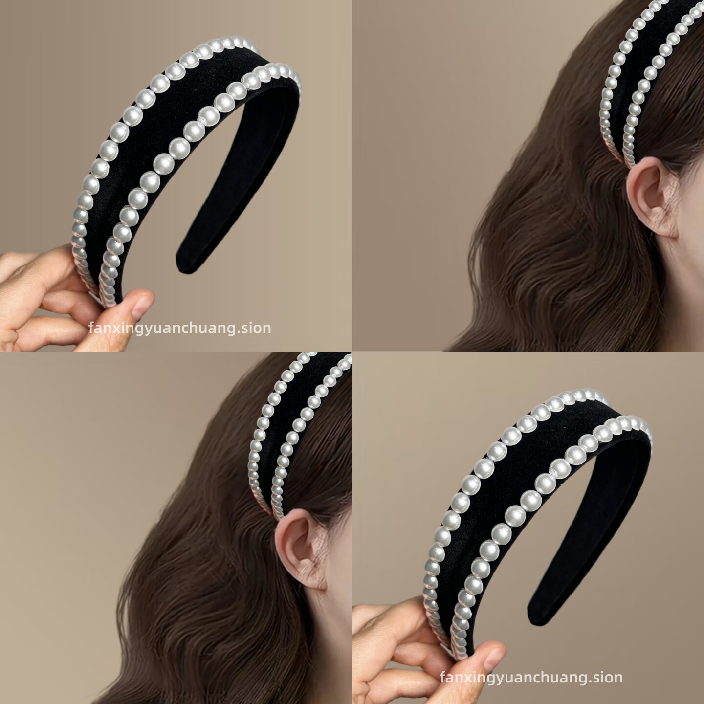 韩版小香风双排珍珠丝绒宽