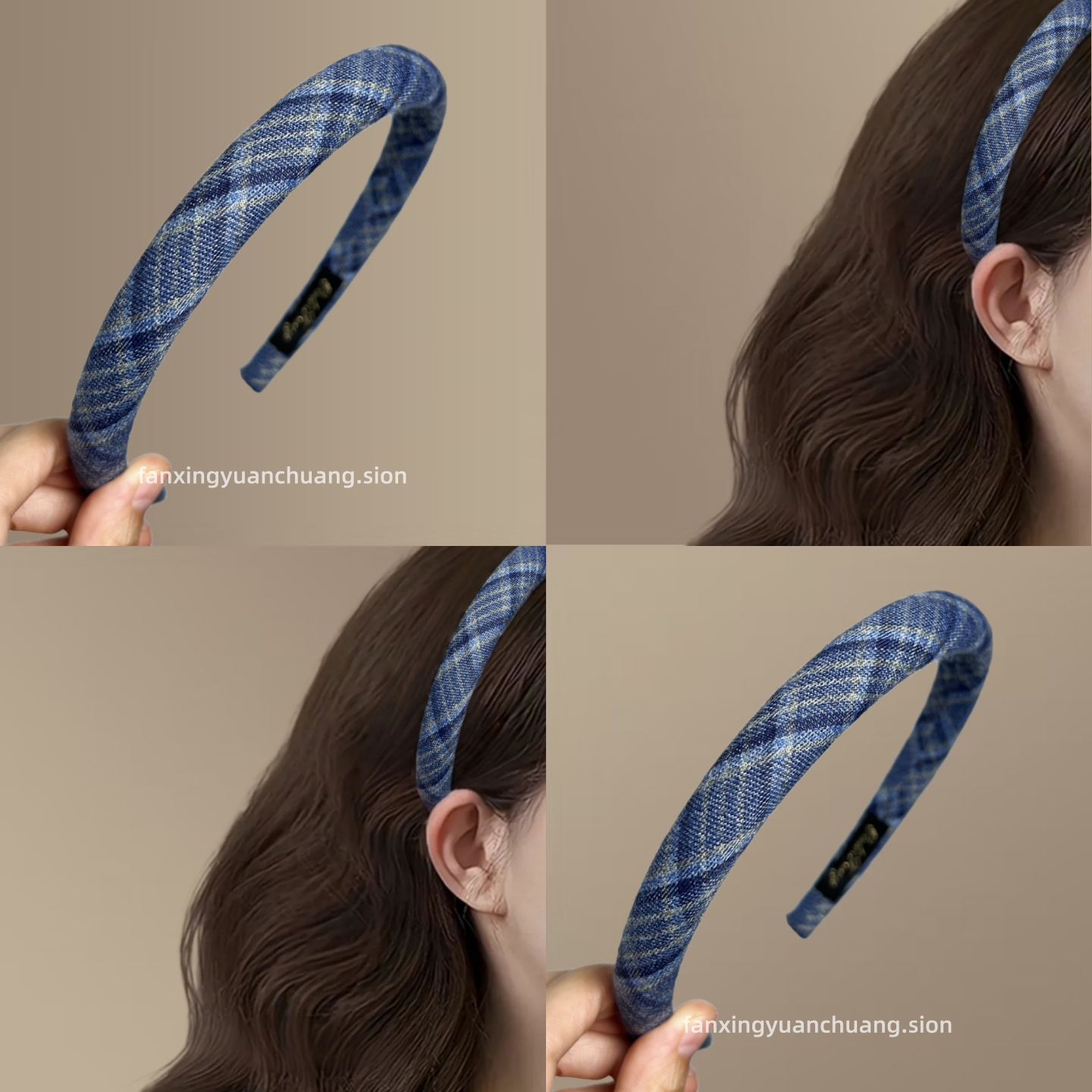 复古灰蓝色系格纹海绵发箍学院风