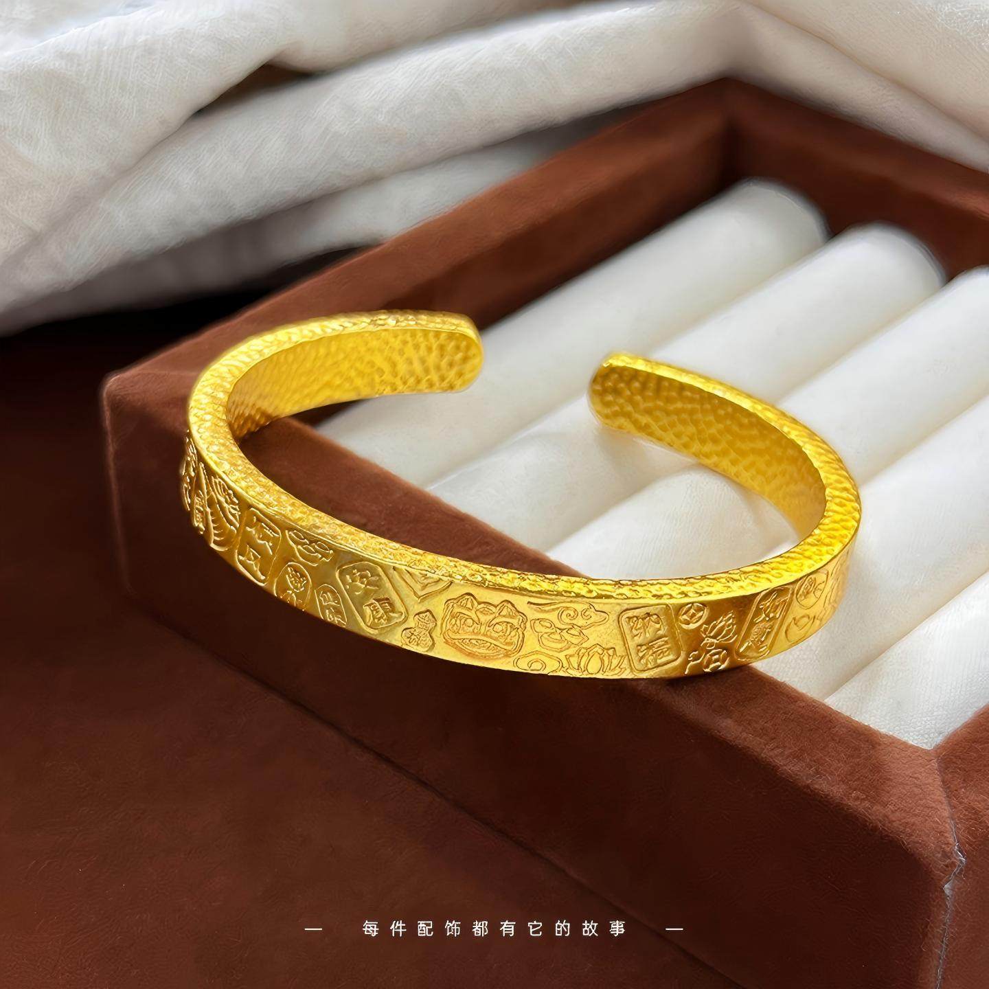 2026金店同款越南沙金古法錾刻加厚加重吉言招财醒狮手镯开口手环