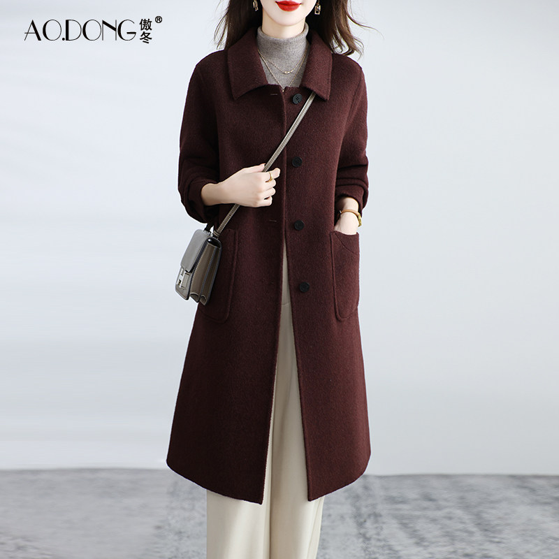 新款高级感灰色双面绒大衣女中长款羊毛呢子收腰妈妈显瘦外套秋冬