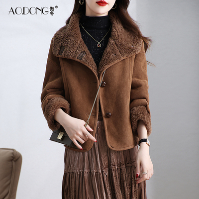 新款海宁颗粒绒皮草外套女麂皮绒短款一体保暖时尚羊羔毛大衣冬季