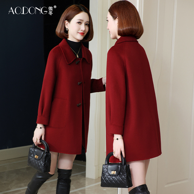 高端双面绒大衣女中长款修身中老年妈妈羊毛呢显瘦娃娃领外套秋冬
