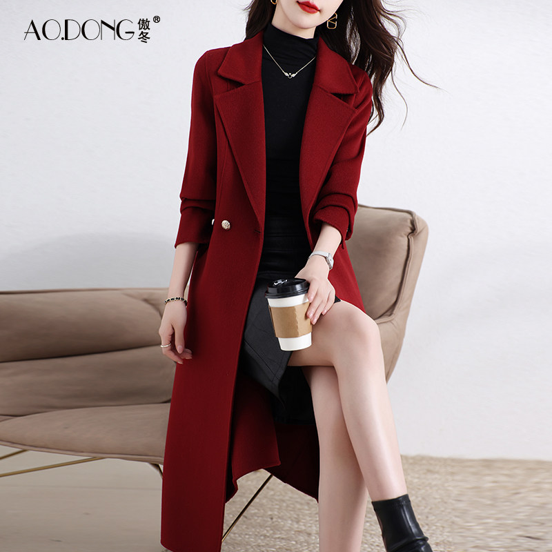 新款高级感双面绒大衣女中长款过膝修身西装领羊毛呢外套气质秋冬
