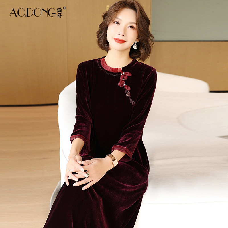 婚宴真丝丝绒连衣裙女喜婆婆桑蚕丝妈妈装新中式改良旗袍气质春秋