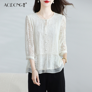 轻奢桑蚕丝遮肉T恤气质春夏 蕾丝衬衫 法式 复古刺绣真丝上衣女新款