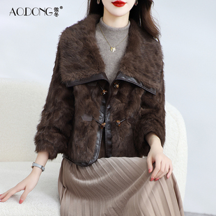 新款海宁仿小湖羊环保皮草外套女短款长袖保暖翻领金貂绒大衣冬季