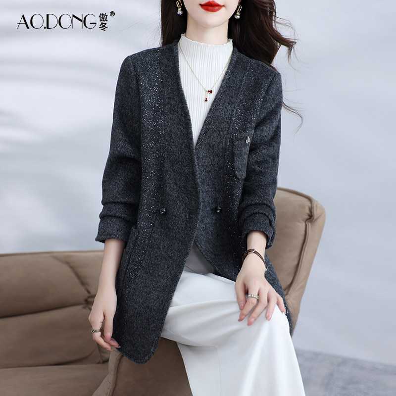 高端双面绒大衣女中长款毛呢V领百搭显瘦羊驼毛亮片时尚外套秋冬