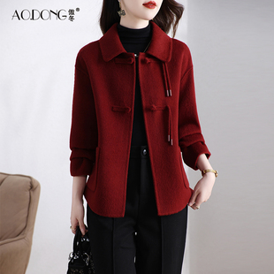 新款双面绒大衣女短款显瘦娃娃领小个子羊毛呢修身新中式外套秋冬