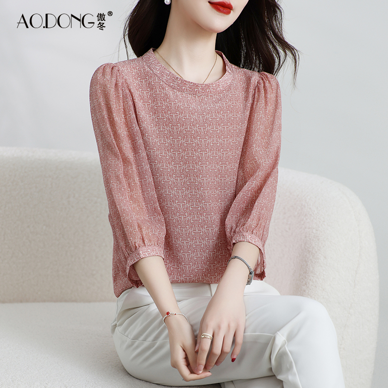 2025新款真丝上衣女中袖圆领妈妈桑蚕丝小众印花百搭日常小衫夏季