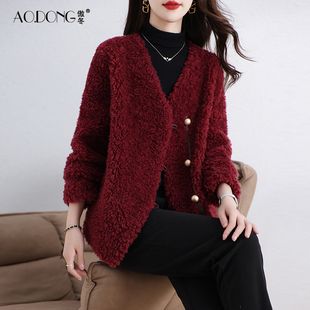 海宁颗粒绒皮草外套女装短款一体v领保暖时尚羊羔毛韩版大衣冬季