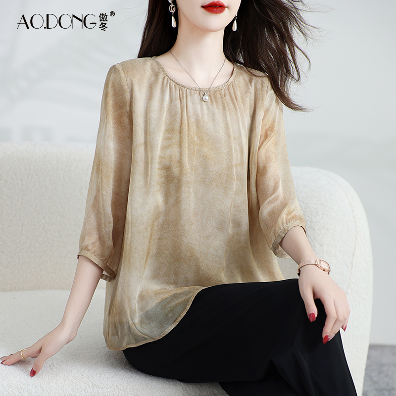 新款真丝上衣女飘逸小衫印花透气温柔桑蚕丝小众设计感T恤夏季