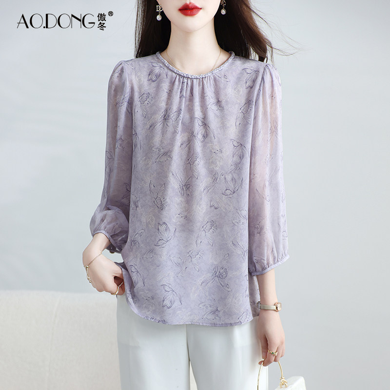 真丝上衣女蝴蝶印花气质轻薄桑蚕丝透气小衫显瘦温柔妈妈T恤夏季