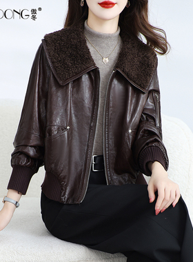 海宁真皮皮衣女短款高级感油蜡绵羊皮鹅绒服小个子羊毛领外套冬季