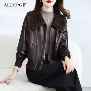 海宁真皮皮衣女短款高级感油蜡绵羊皮鹅绒服小个子羊毛领外套冬季
