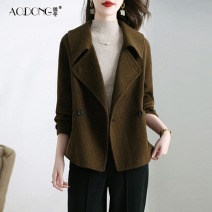 新款双面绒大衣女装短款显瘦小个子羊毛呢修身西装领韩版外套秋冬