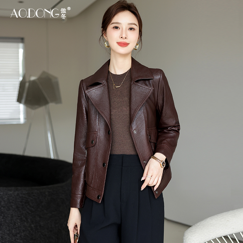 海宁真皮皮衣女短款高级感绵羊皮中年长袖小个子翻领休闲外套春秋