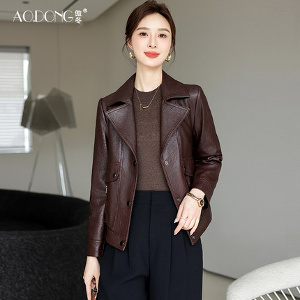 海宁真皮皮衣女短款高级感绵羊皮中年长袖小个子翻领休闲外套春秋