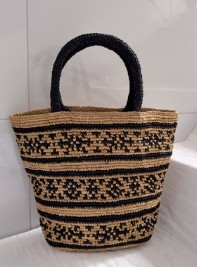 日系文艺bc镶珠黑色拼接编织手提包度假沙滩出游拉菲草编包装色