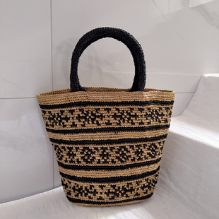 日系文艺bc镶珠黑色拼接编织手提包度假沙滩出游拉菲草编包装色