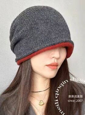 日系慵懒撞色双层边堆堆帽子女秋冬美利奴羊毛针织帽保暖毛线帽潮