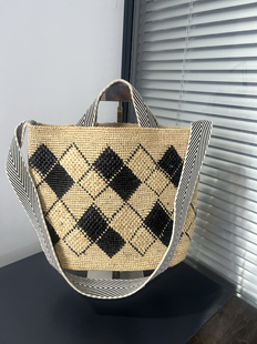 法式 复古菱格拉菲草编包手提包女夏天海边度假大容量沙滩包菜篮子