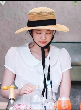 韩版手编拉菲草帽平顶草帽女夏季海边沙滩绑带编织礼帽防晒遮阳帽