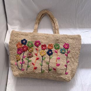 2025夏季 大容量拉菲草包女重工刺绣花朵单肩包海边度假沙滩包 新款