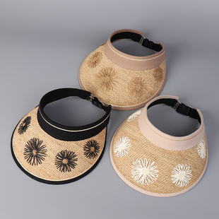 夏季新款空顶帽女款防晒发箍帽创意刺绣花朵简约百搭遮阳帽小众感