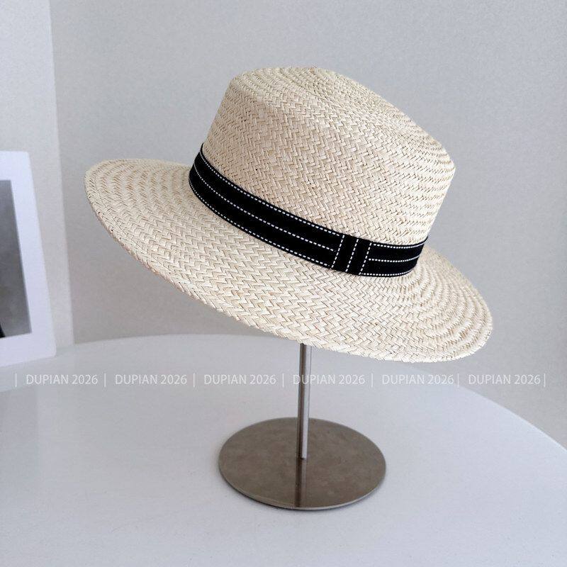 奢品非遗金丝草手工编织平顶帽子女夏季防晒草帽海边度假爵士帽潮