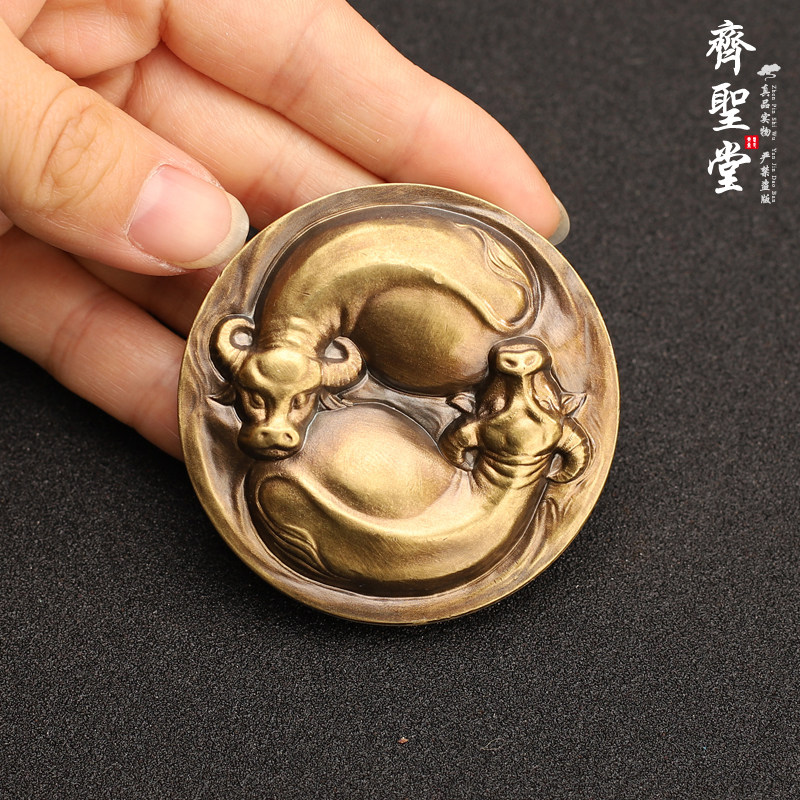 黄铜做旧水牛天干大铜章扭转乾坤镇纸 中式桌面摆件生肖牛工艺品