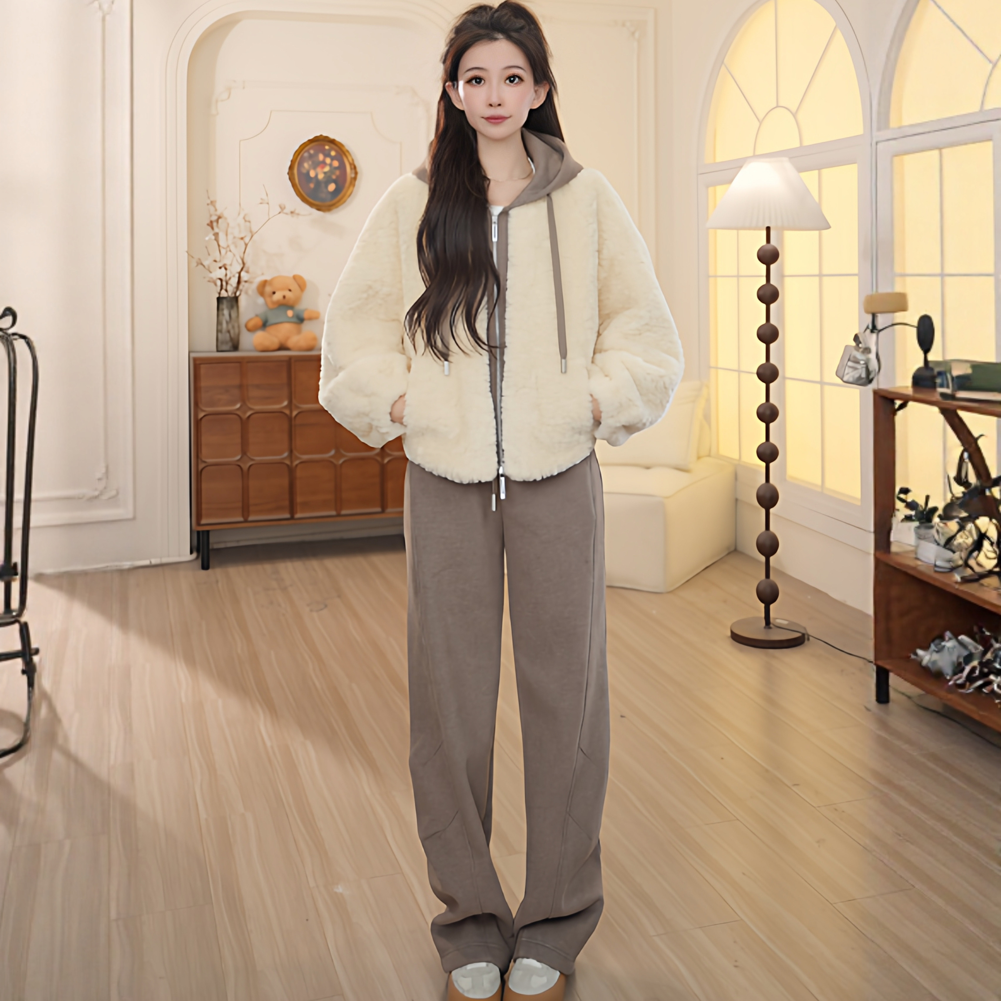 百家好冬季加厚毛绒拼接外套女